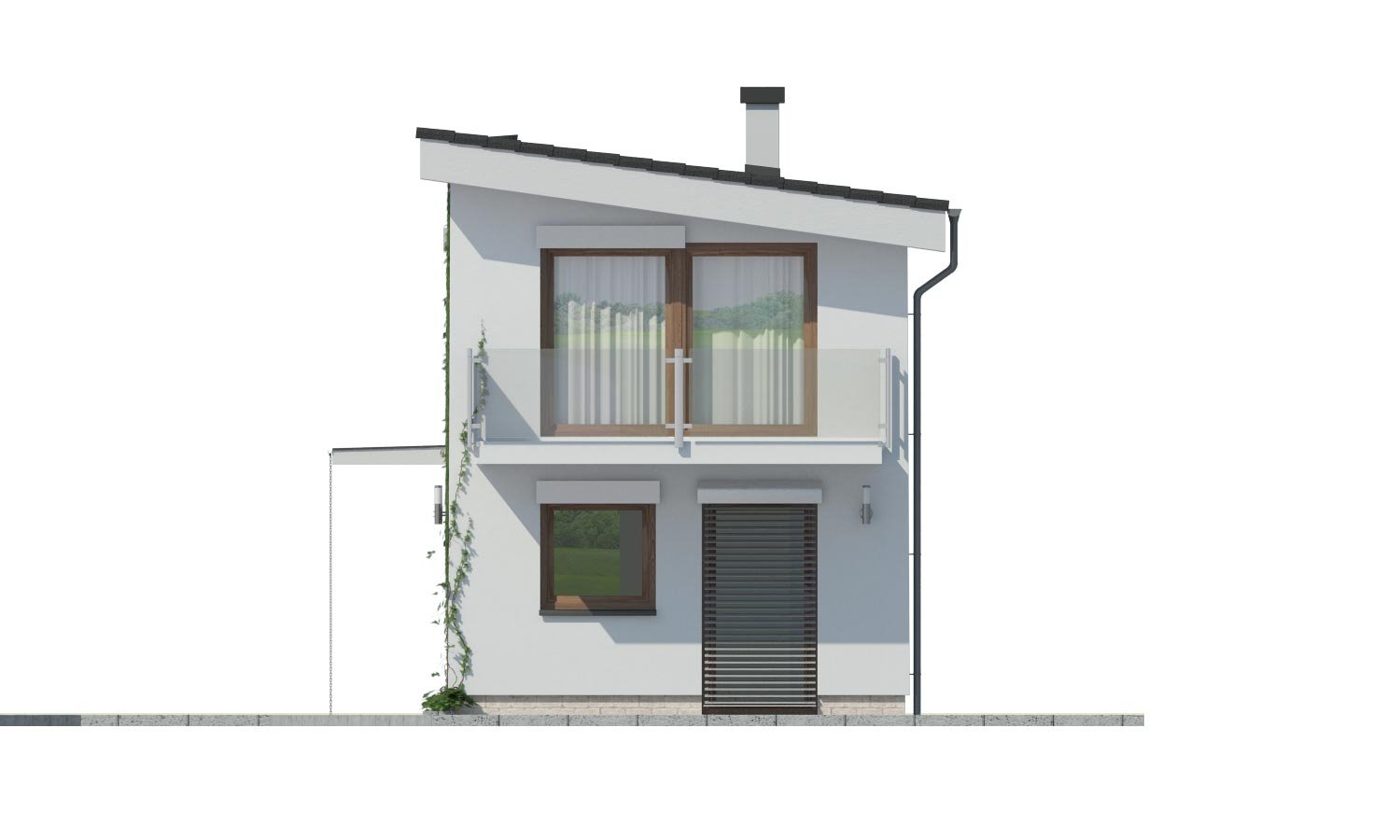 projekt domu na úzky pozemok s nízkou pultovou strechou do 50 m2
